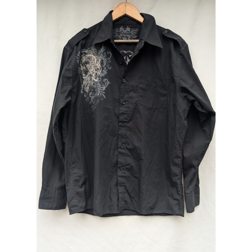 Elixir Skull Button Down Shirt Mens L Black Embroidered Wings Y2K Mall Goth LS